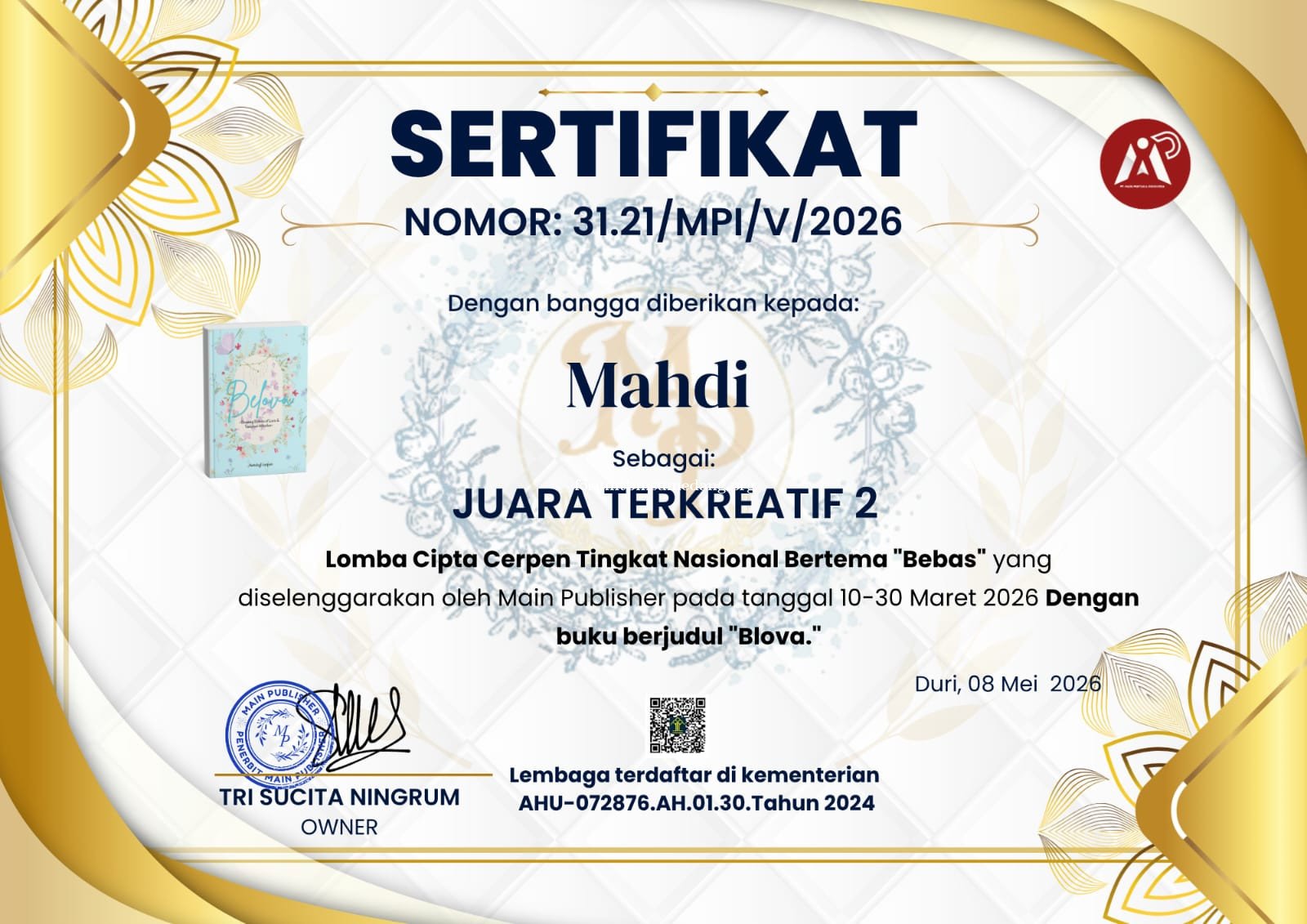Mahdi Raih Juara Terkreatif 2 dalam Lomba Cipta Cerpen Tingkat Nasiona